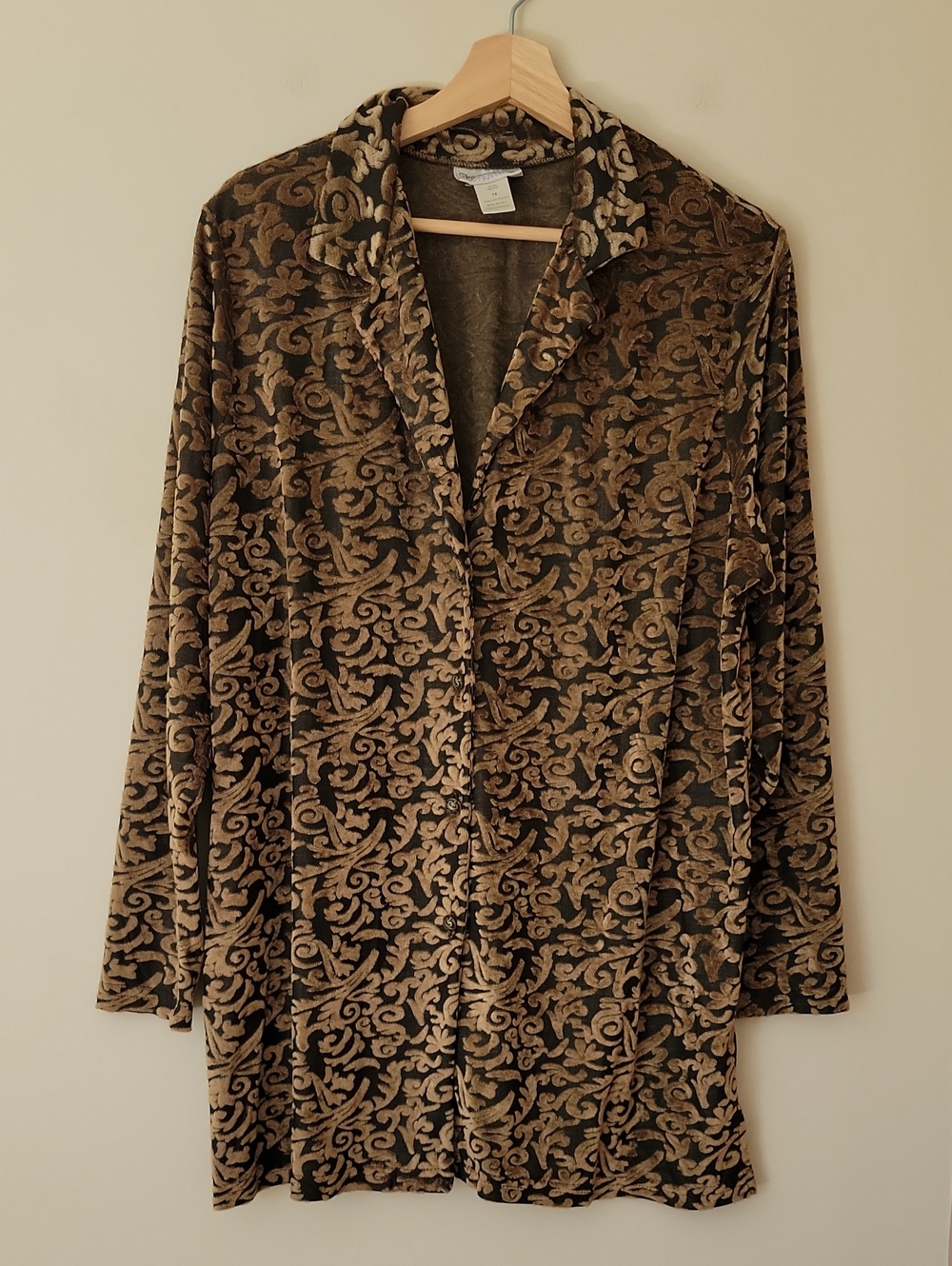 Vintage Diane Von Furstenberg DVF Olive Velvet Burnout Button Down Over Shirt 1X